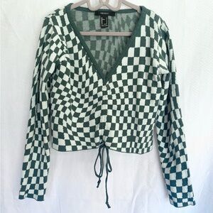 Forever 21 Green and White Checkered Cinch Crop Sweater